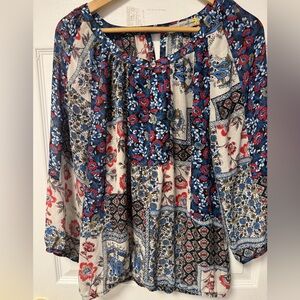 Fig and Flower women's sheer patchwork floral print blouse, size L